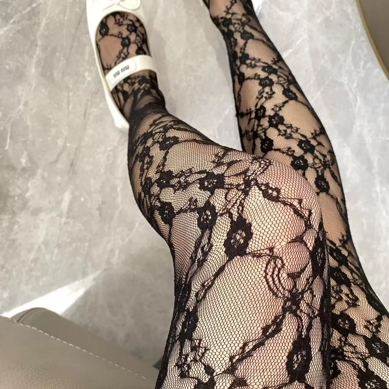 Vintage Rose Floral Hollow Lace Pantyhose Women Sheer Mesh See Through Multi Color Transparent Mesh Stockings