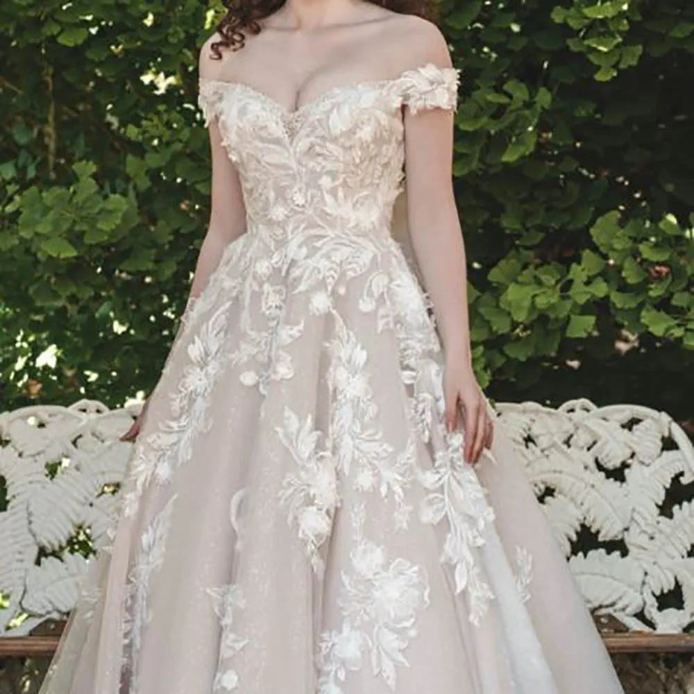 

Sexy A-Line Tulle Wedding Dress Off-Shoulder Sweetheart Sleeveless Lace Appliques Beading Bow Cathedarl Train