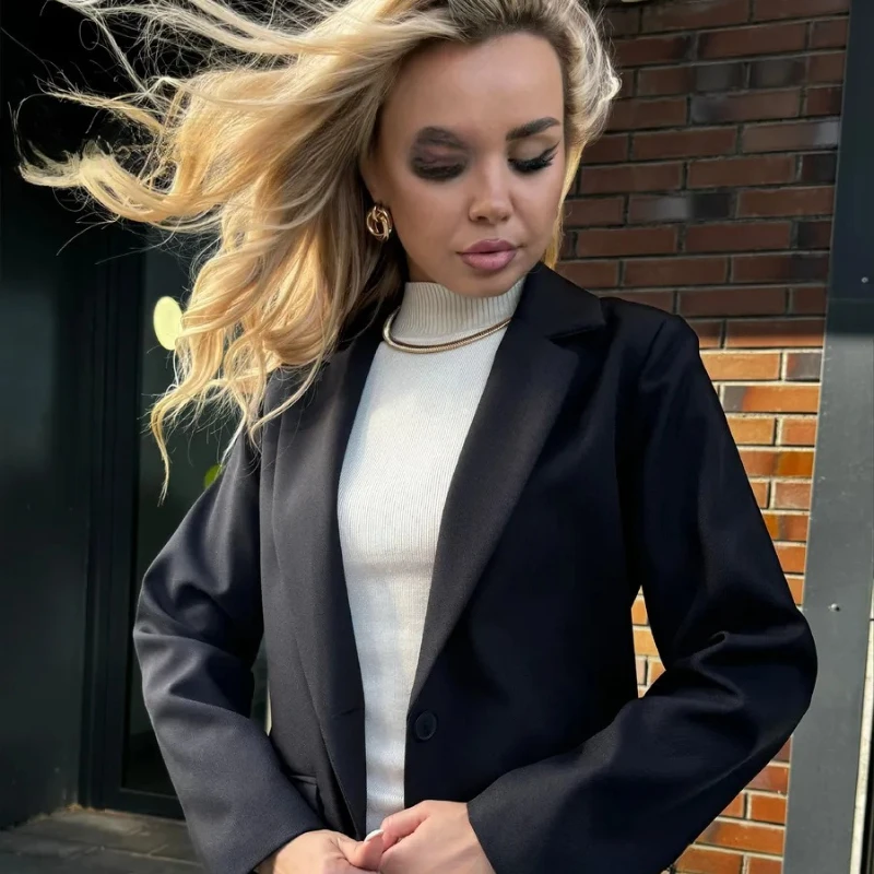 يظهر الخريف السترة السوداء النسائية الجديدة شعورًا بمزاج غير رسمي راقي وسترة بدلة فضفاضة متعددة الاستخدامات #2