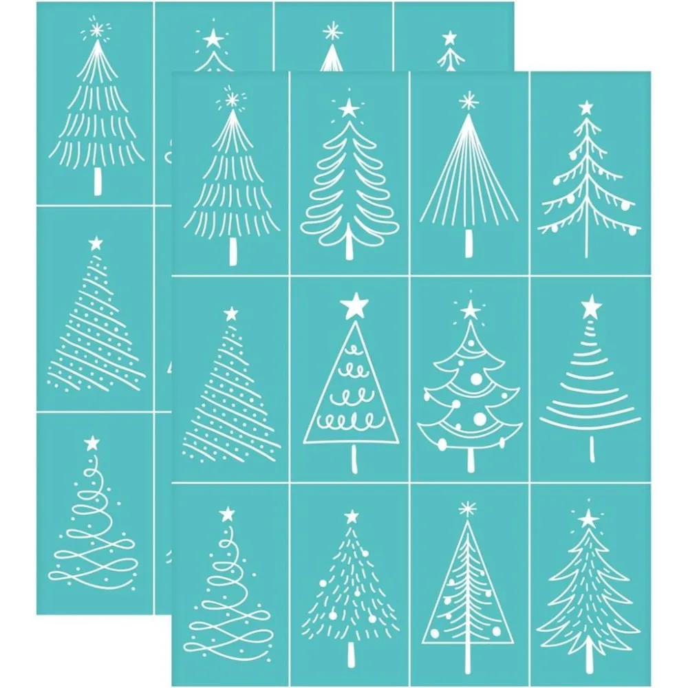 2pcs Christmas Theme Self-Adhesive Silk Screen Printing Stencil Various Tree Silk Screen Stencil Reusable Transfer 11×8.7 Inch