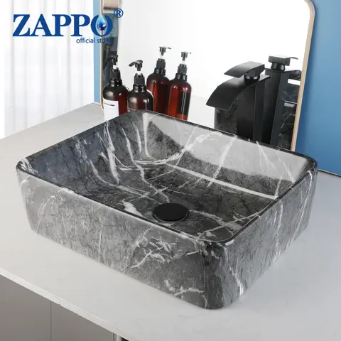 ZAPPO 블랙 욕실 베셀 싱크대, 수도꼭지 및 배수구 포함, 19 인치 x 15 인치 x 6 인치 직사각형 베셀 싱크대, 욕실용 블랙 대리석 그릇 싱크대