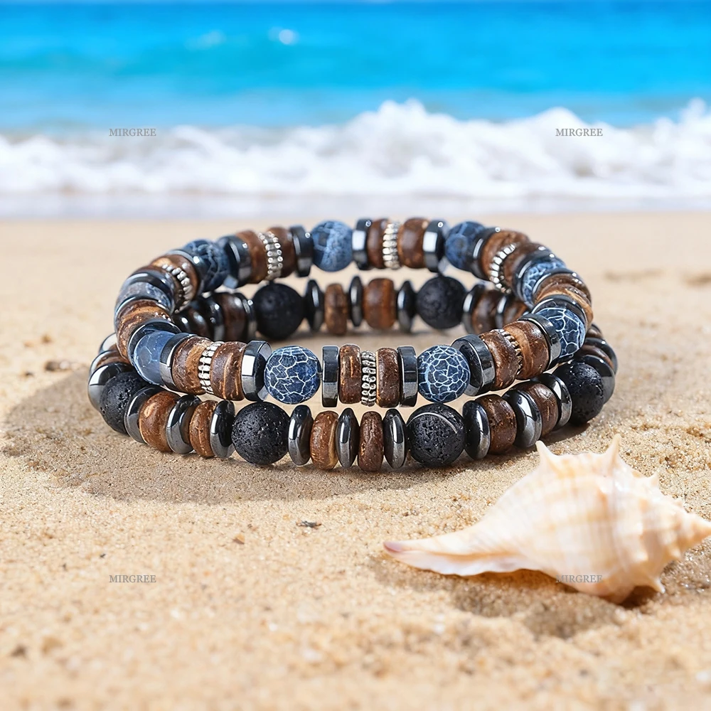 2-teiliges Herren-Armband-Set aus Natursteinperlen, handgefertigter Herrenschmuck im Retro-Outdoor-Stil, Geschenk für Männer – Detail 4