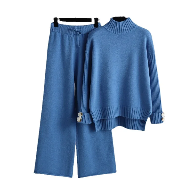 2023 Fashion Casual Knitted Sweater 2 Piece Set Women Autumn Winter Female Long Sleeve Sweater High Waisted Wide Leg Pants Set