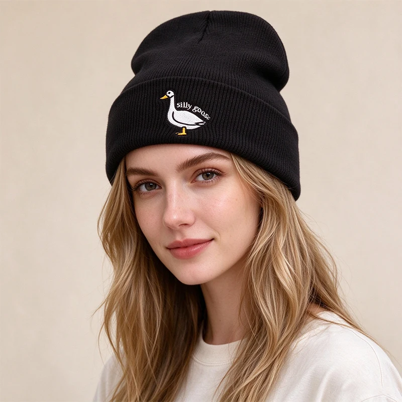 Unisex Silly Goose Embroidered Knit Beanie Hat Soft Stretch Cuffed Winter Skull Cap for Men Women Autumn Outdoor Warm Beanie