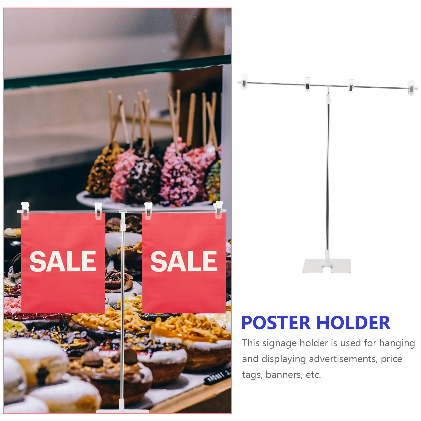T-Shaped Height Adjustable Stainless Steel Poster Display Stand Adjustable Desktop Sign Holder Advertising Display Stand