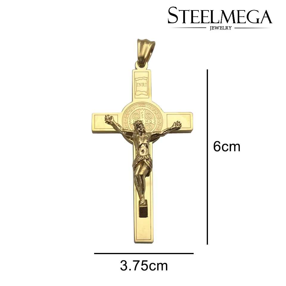 STEELMEGA Stainless Steel Catholic Pendant of Crucifix with Saint Benedict Medal