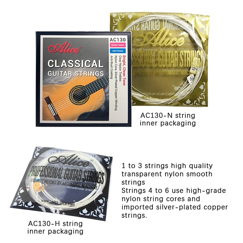 AC130 Professional Classical Guitar Guitarra Strings Sliver Plated Copper Wound Clear Nylon Normal High Tension 6 Strings