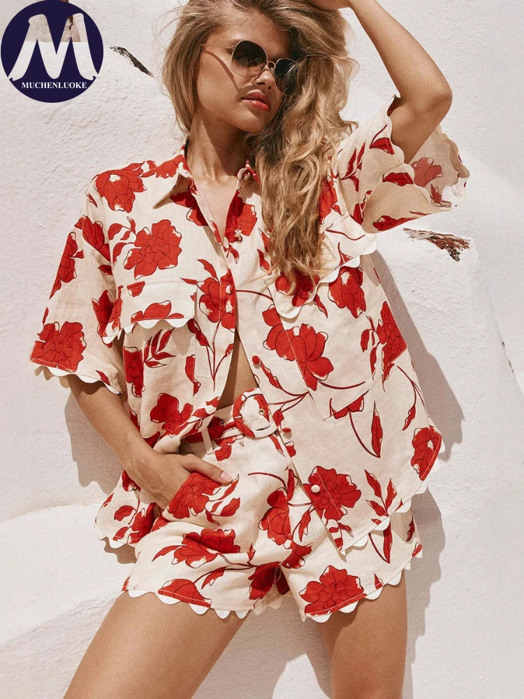 

2 Piece Sets Woman Outfit 2025 Summer New Versatile Lace Printed Short Sleeves Tops Suits Fashionable Casual Loose Short Sets
