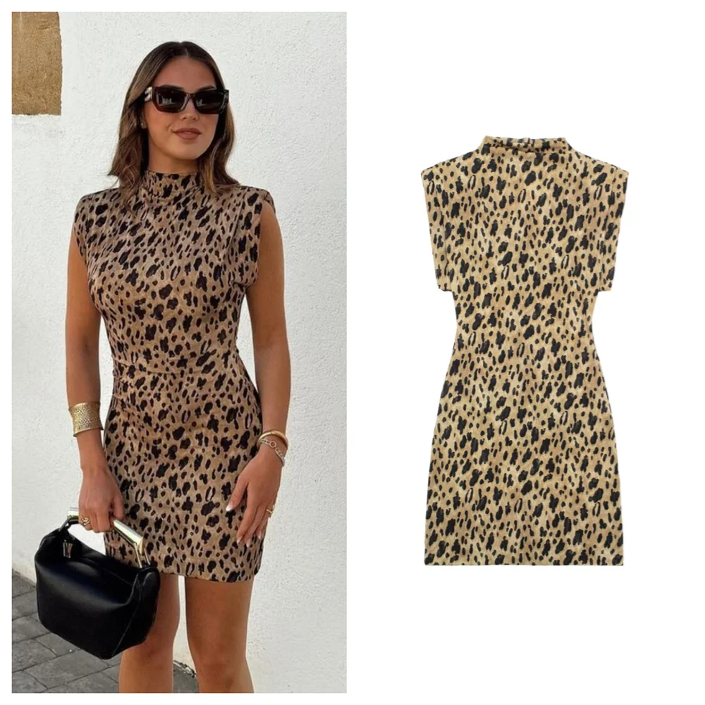 PB&ZA 2024 Spring New Women's Fashion and Elegance Slim Fit Versatile Leopard Print Short Dress