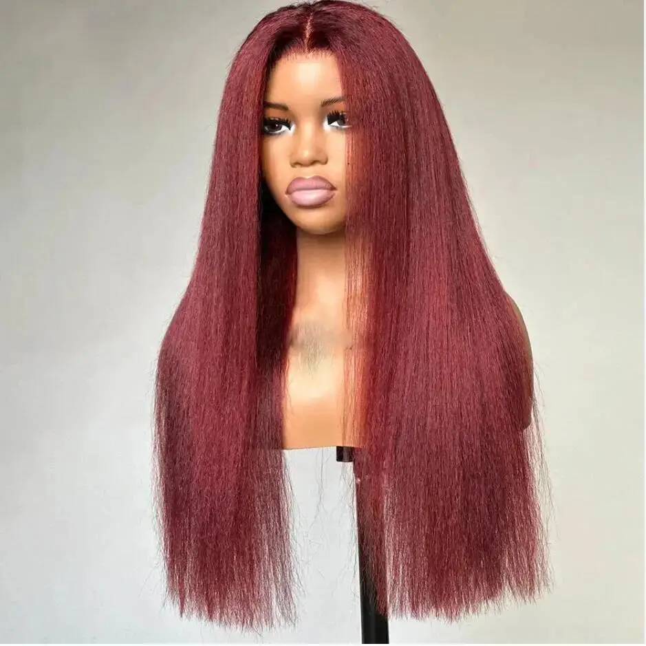 Яки Мягкий Бордовый Кудрявый Прямой Парик 180 Плотность 26 Дюймов Длинный Глубокий Парик Фронта Шнурка Для Женщин С Волосами Младенца Предварительно Сорванные Бесклеевые Ежедневно