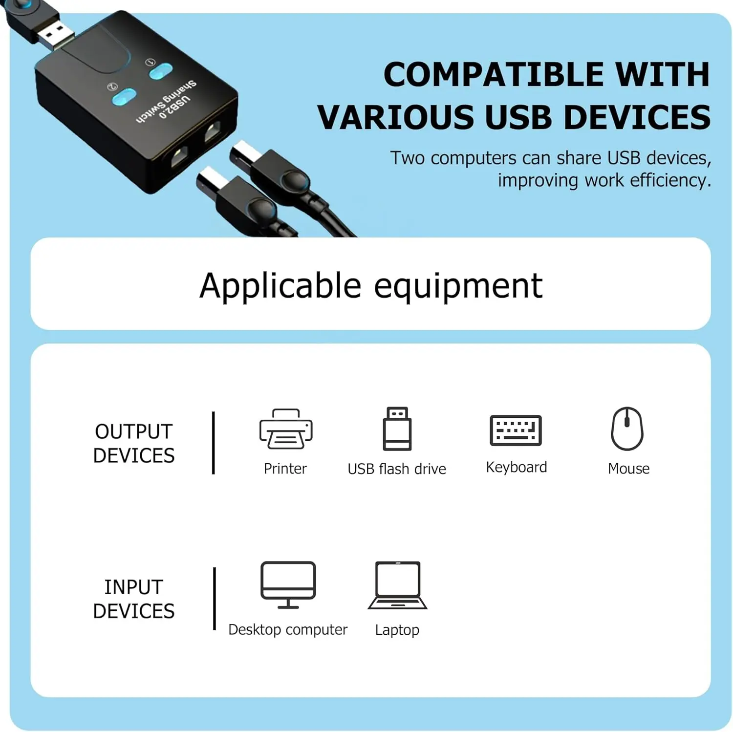 USB Printer Sharing Device 2 in 1 Out Printer Sharing Device 2-Port Manual KVM Switching Splitter Hub Converter Plug And Play