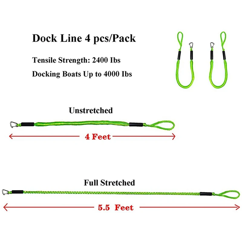 Bunduextrêmes S6 Line avec crochet, ULd'amarrage, accessoires pour bateaux, ponton kayak, vert, 4 pièces