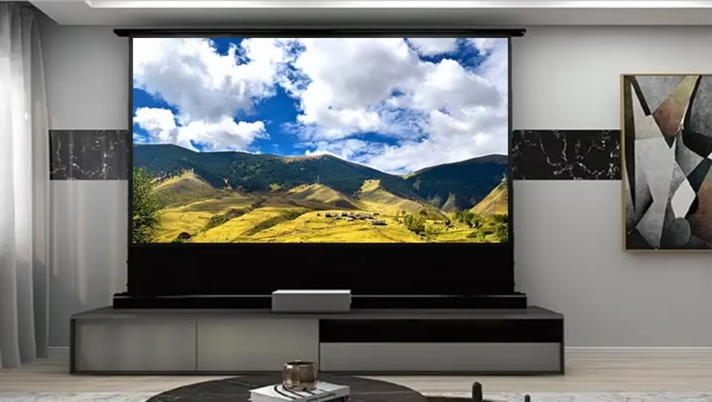 130 بوصة ليزر قصير للغاية 4k HD للمنزل/الفيلم صوت محمول صوتي شفاف أرضية كهربائية شاشة ارتفاع بمحركات