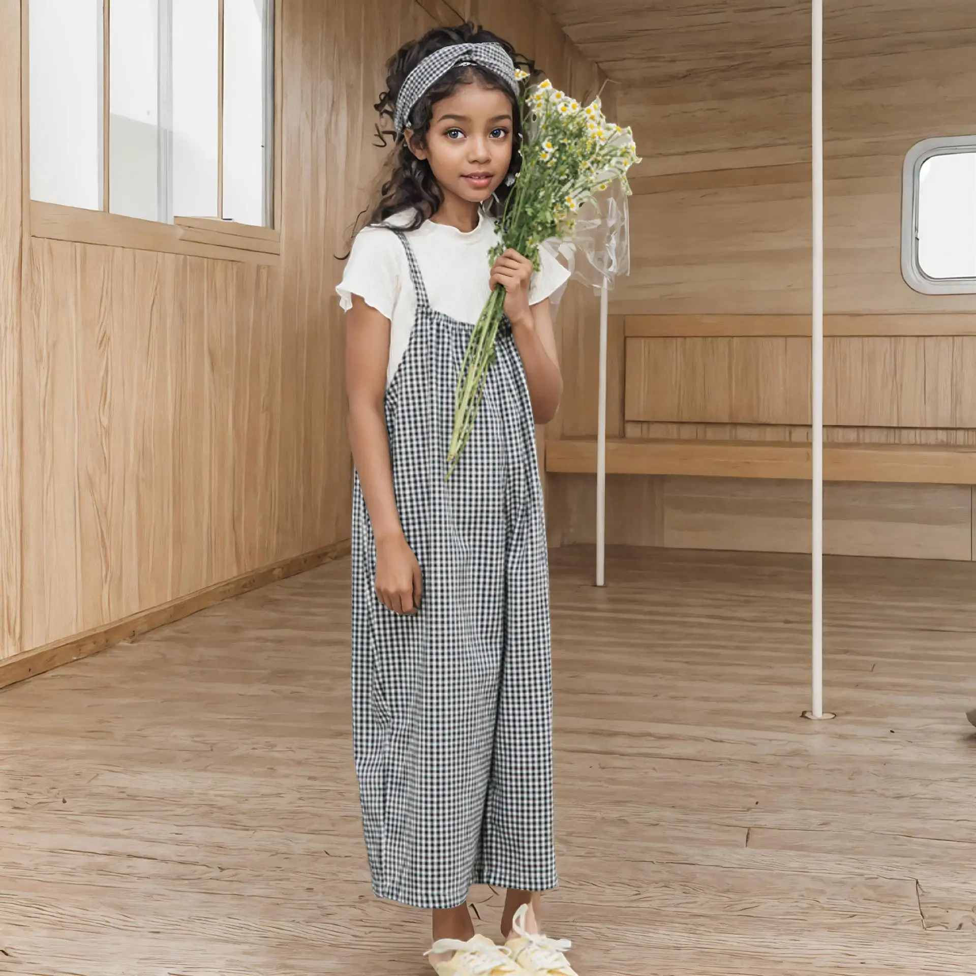 

Girl Clothing Korean Children's Clothing Sets Short Sleeve Top + Plaid Overalls 2Pcs Sets Girls Summer Causal Tracksuit