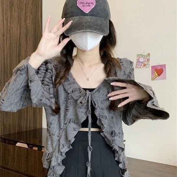 

Summer New Gentle Wind Spicy Girl Uneven Belted Open Cardigan Long Sleeve Top V-neck Polyester Fiber Regular Size for Pear Shape