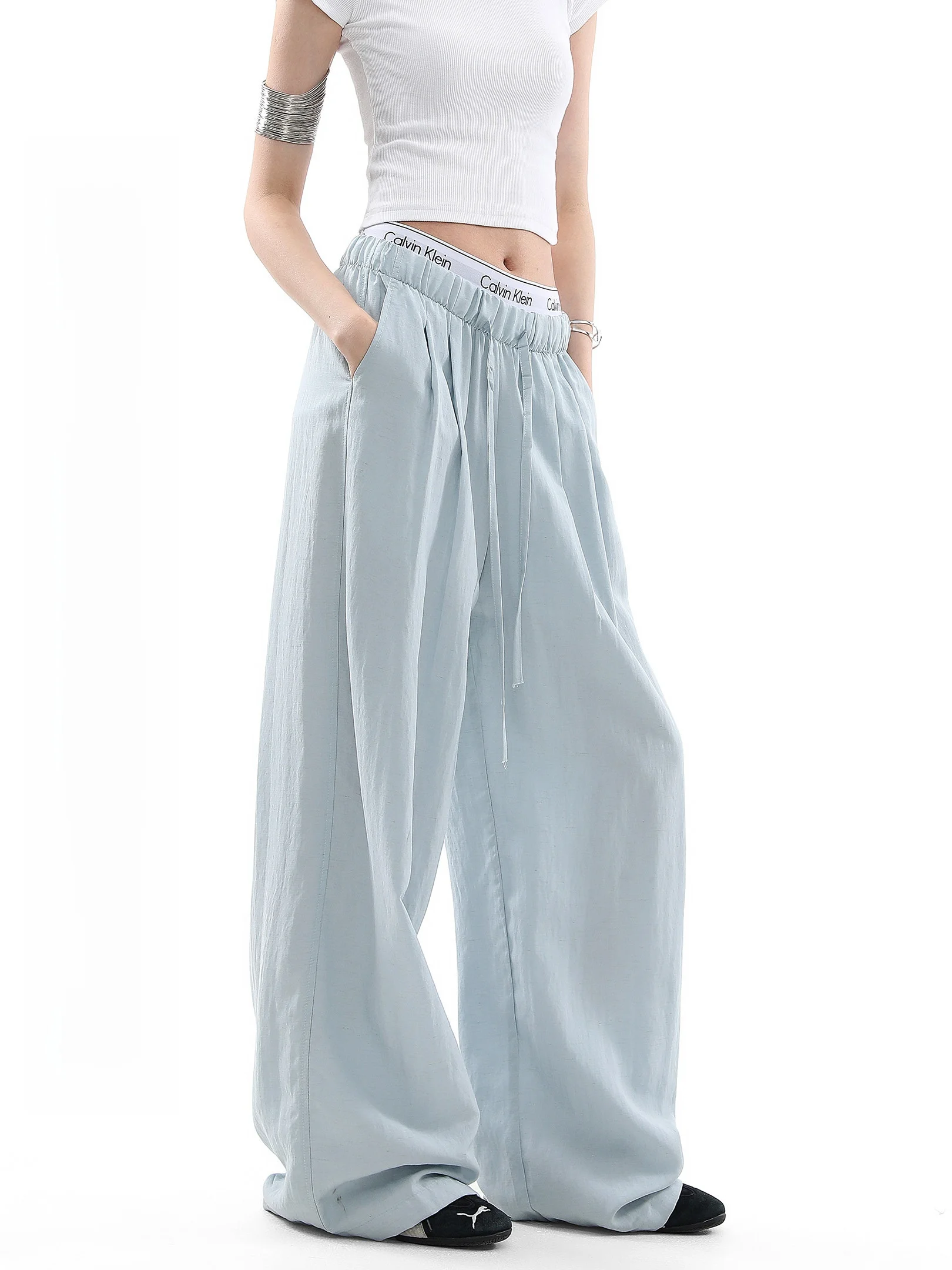 

ICH MODE Women's Summer Thin Straight Leg Wide Leg Pants Draped Linen Sports Casual Trousers Blue Color American Style