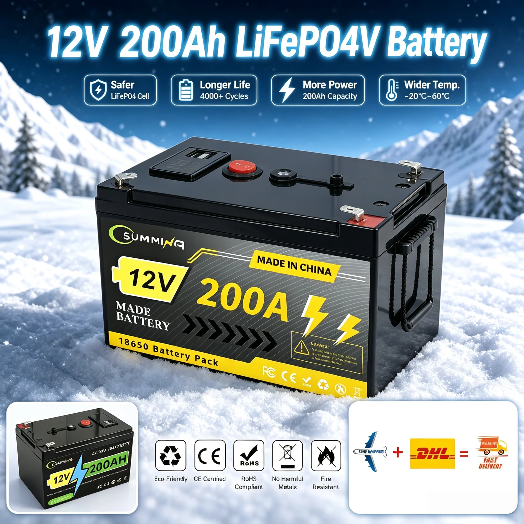 12V 200Ah lithium-ion battery built-in BMS high-capacity lifepo4 rechargeable battery for RV backup power supply Marine Boat