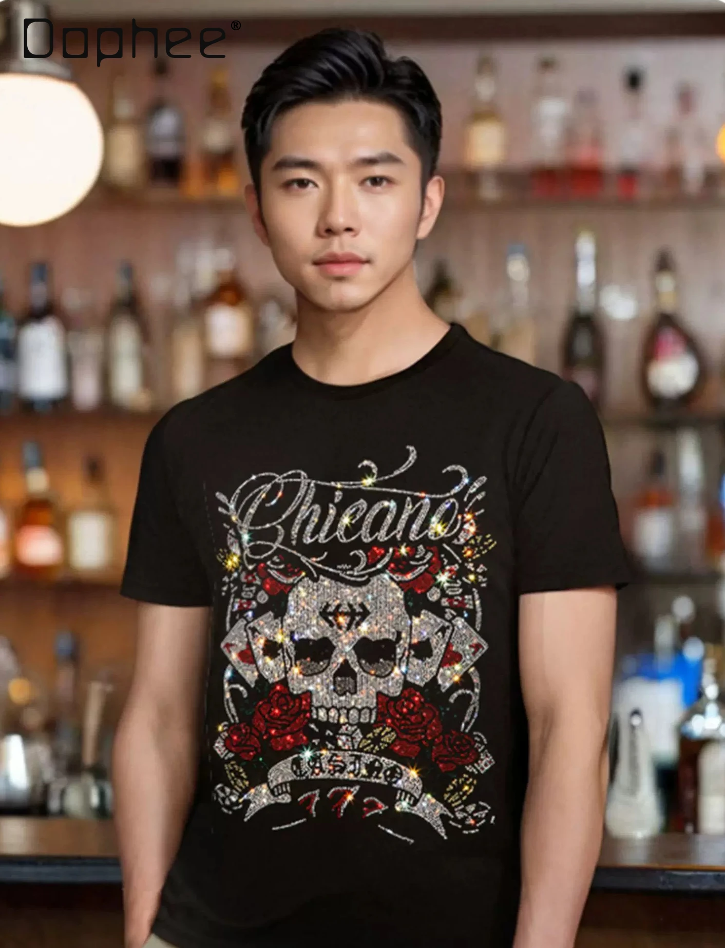 

2026 Summer New Men Shiny Skull Rose Rhinestone Print Black White Streetwear Round Neck Short Sleeve Casual T-Shirt
