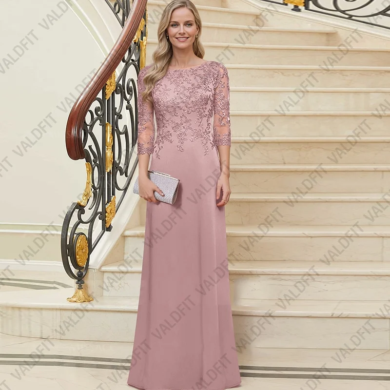 

Customized Long Dusty Pink Chiffon Mother of the Bride Dresses with Sleeves for Wedding Evening Party Dress Vestidos Para Mujer