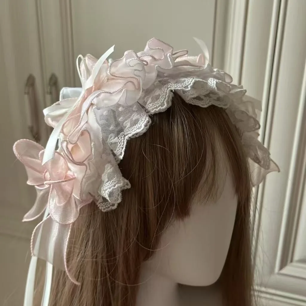 Lolita Ruffled Headband Sweet Pink Bowknot Lace Ribbon Bow Hairband with Hairpins Anime Maid Cosplay Headdress