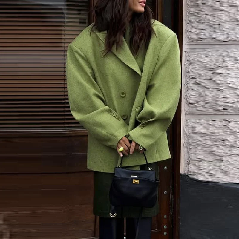 

Women's Retro Olive Green Blend Blazer Loose Boxy Suit Jacket Slim Simple Short Skirt Female Street Office Wear Casual Outerwear