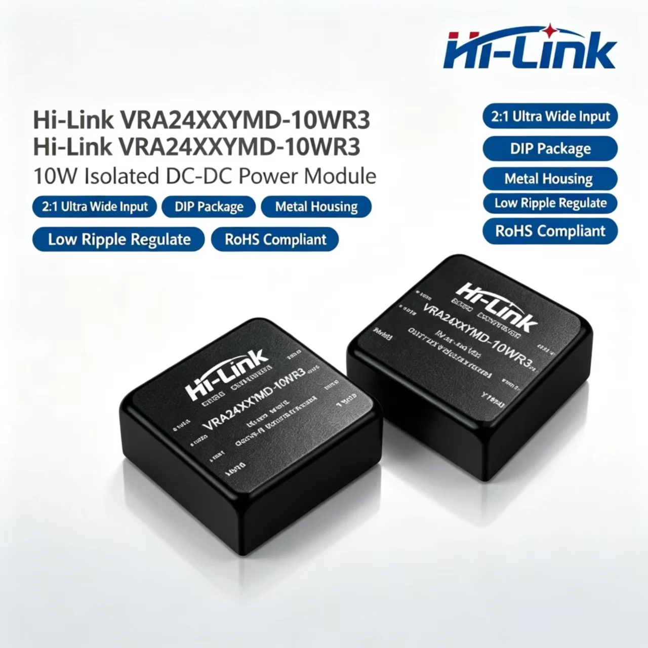 Hi-Link VRA24XXYMD-10WR3 10W Isolated DC-DC Power Module 2:1 Ultra Wide Input DIP Package RoHS Metal Housing Low Ripple Regulate