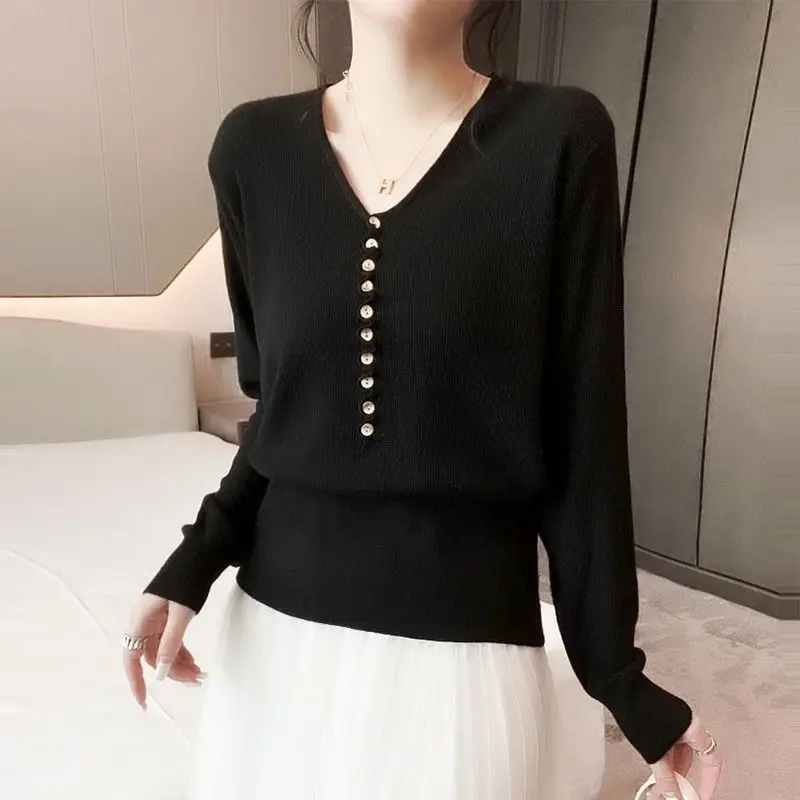 Women Ruffled Buttons Elegant Chic Knitwears Summer Fashion V Neck Half Sleeve Solid Slim Pullovers Office Lady Basic Knit Tops