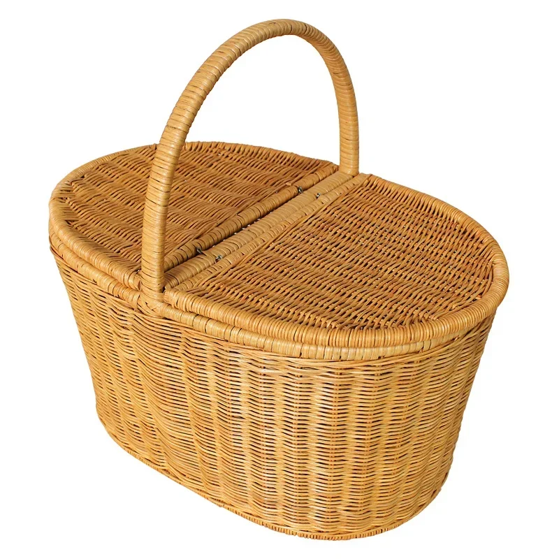 Cesta de mimbre con tapa para Picnic, contenedor de aperitivos de Pascua, caja de almacenamiento multifunción, suministros para el hogar