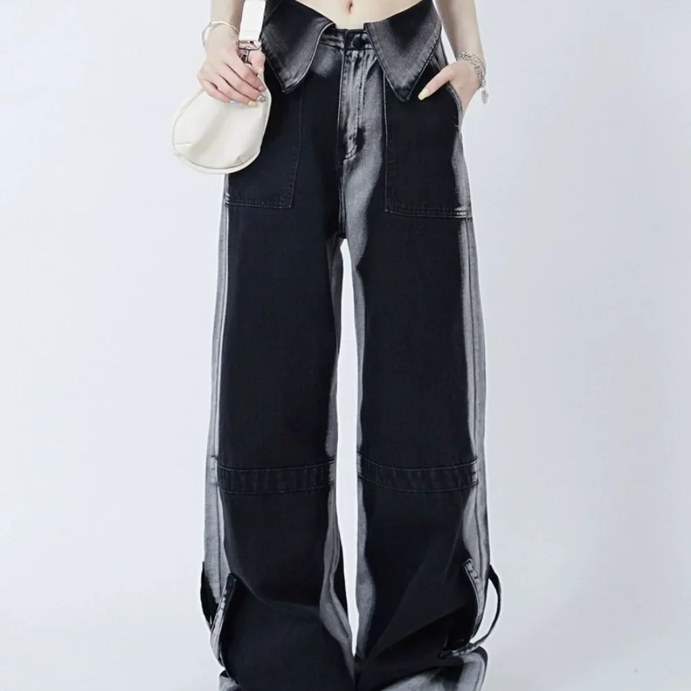 

Streetwear Women Dark Gray Straight Cuffed Jeans 2025 New Women's Summer Casual High Waisted Wide Leg Denim Trousers Female