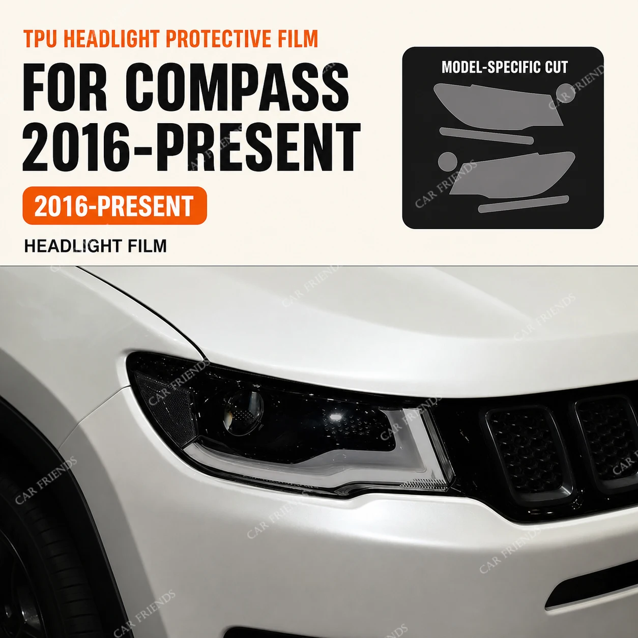 2 Stück Maßgefertigte TPU-Scheinwerferschutzfolie für Jeep Compass 2017-2020 Transparent