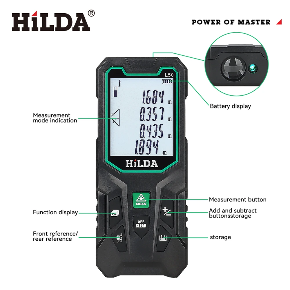 HILDA 50/100/120M Laser-Entfernungsmesser, rotes/grünes Licht, Laser-Entfernung, digitales Klebeband, wiederaufladbar und messbarer Winkel, Lasermaß – Detail 17