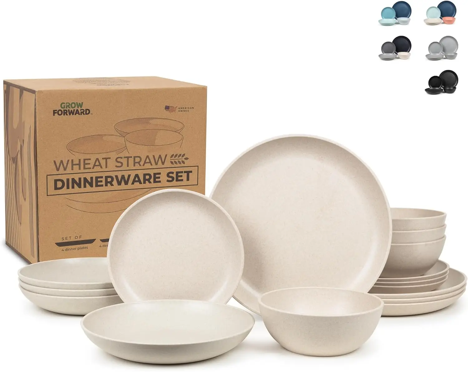 

16-piece Premium Wheat Straw Dinnerware Sets for 4 - Unbreakable Dishwasher & Microwave Safe Plastic Plates and Bow
