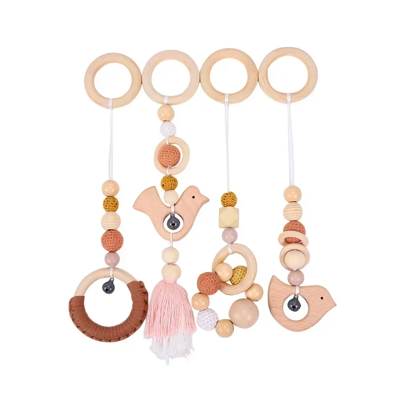 4 Pcs/Set Wooden Rabbit/Bear/Baby Rattle Toys Gym Play Rack Hanging Decor Ornaments Kids Room Hanging Pendant Decoration Gift