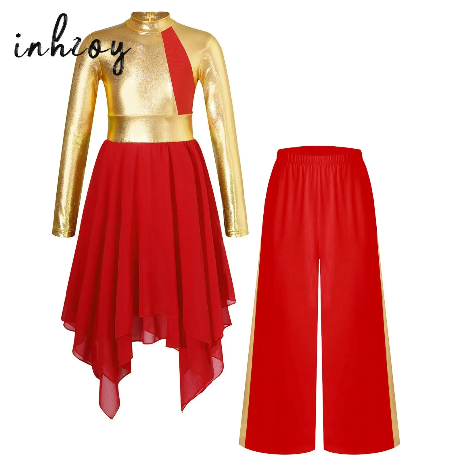 

2Pcs Kids Girls Liturgical Lyrical Dance Outfit Long Sleeve Color Block Metallic Patchwork Zipper Dance Dress+Wide-Leg Pants