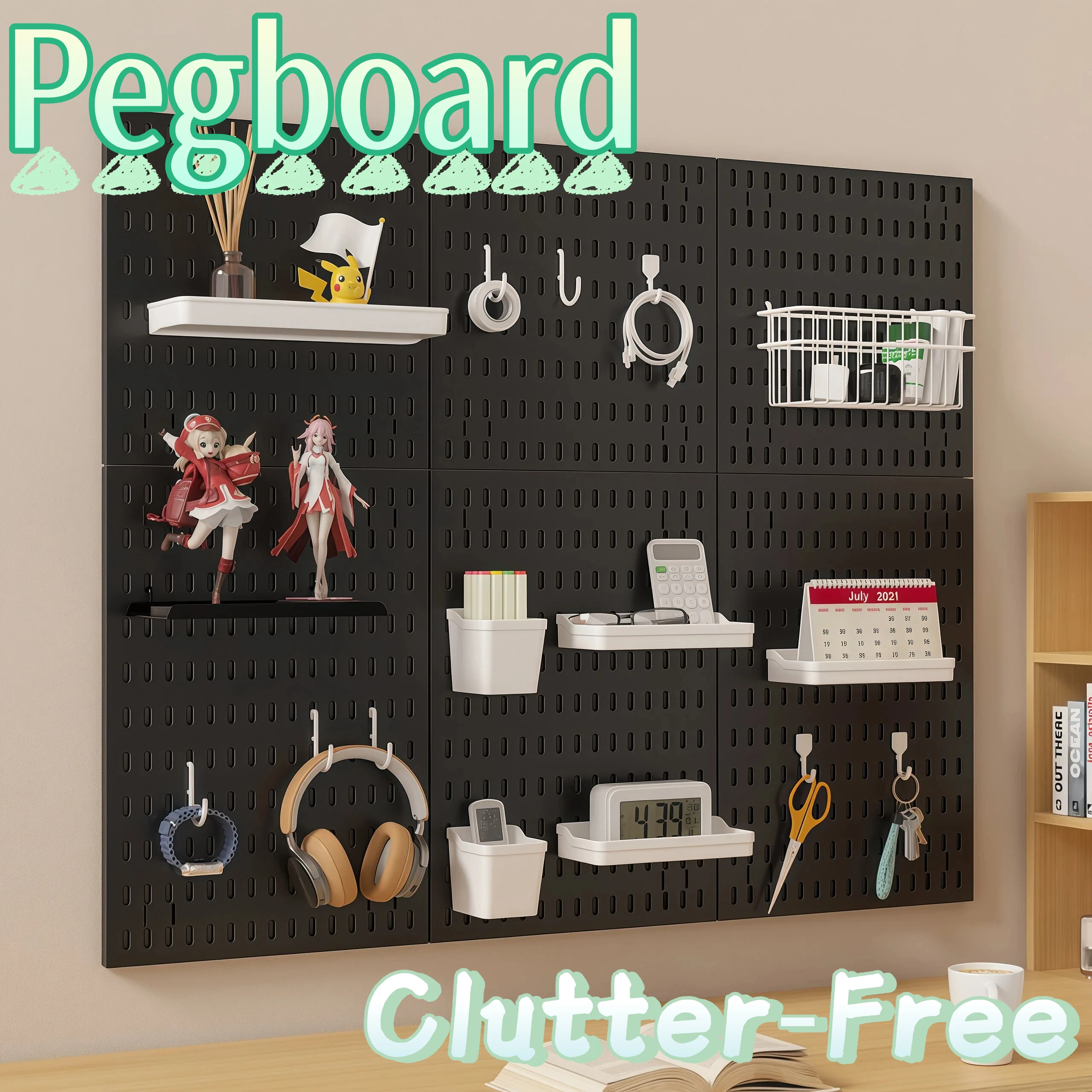30x42cm Plastic Wall Pegboard Panel, Medium Desk Organizer Hole Board with Shelf Basket Hooks for Home Office Study Stationery