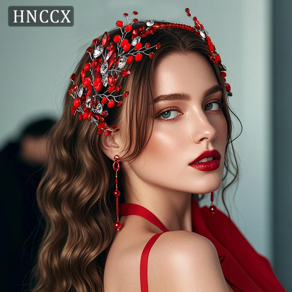 

HNCCX Bridal Wedding Hair Accessories Red Rhinestone Headpieces Bridesmaid Headband Ladies Girls Holiday Tiara Gift CP804