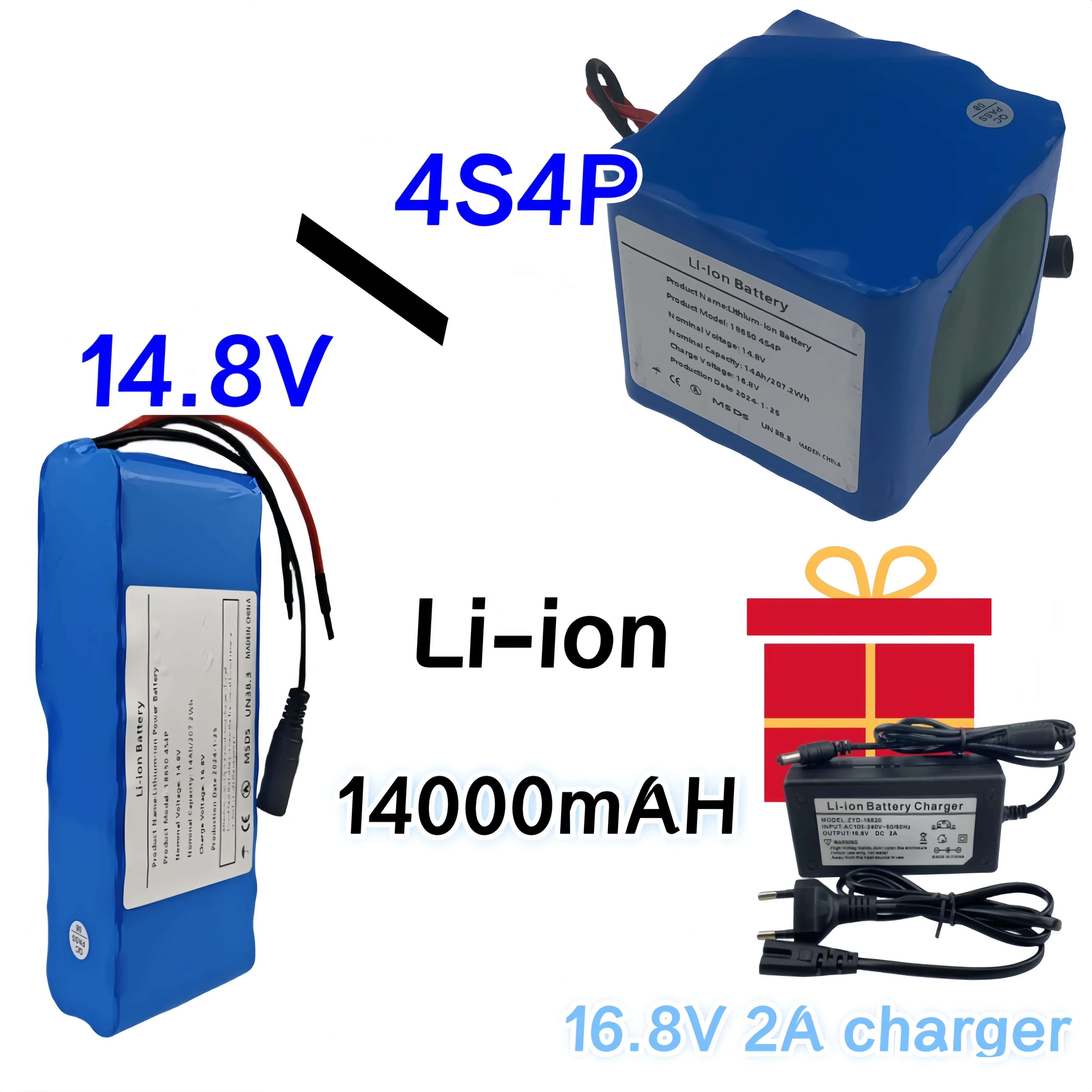 

14.8V 14Ah 18650 4S4P Lithium Battery Pack 118W For LED Night Fishing Lamp Heater Miner Lamp Amplifier Cell+16.8V 2A Charger