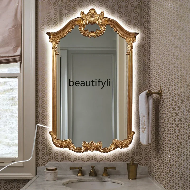 NQ French smart bathroom mirror with lamp wall-mounted anti-fog mirror retro carved mirror light luxury