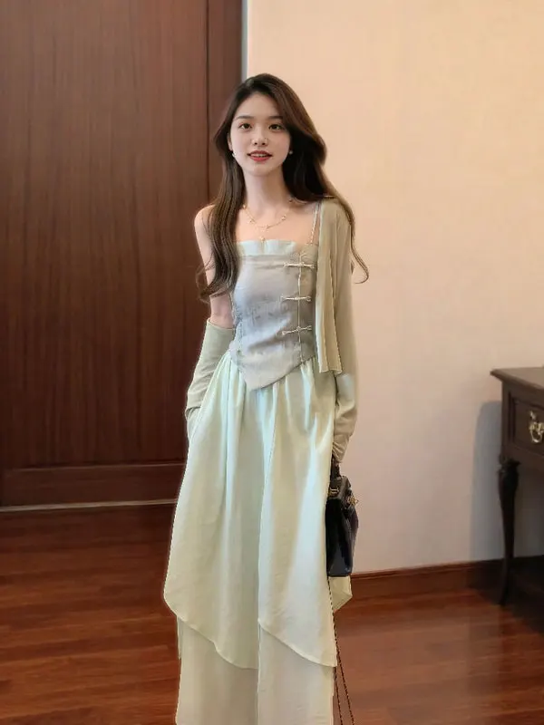 

New Chinese Style Summer Outfit Set with Open Cardigan Strap Top Half Skirt Three Piece Set Cotton Long Sleeve Ethnic Style
