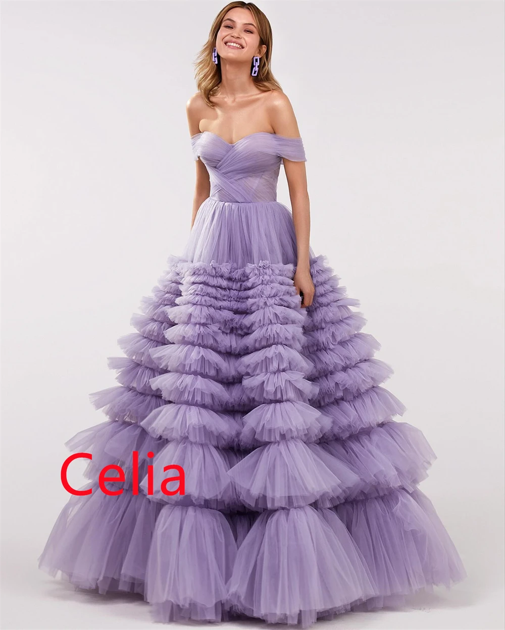 Customized High Quality Tulle Evening Dresses Exquisite Off the Shoulder Celebrity Gowns Fashion Sweep Train Party Gowns