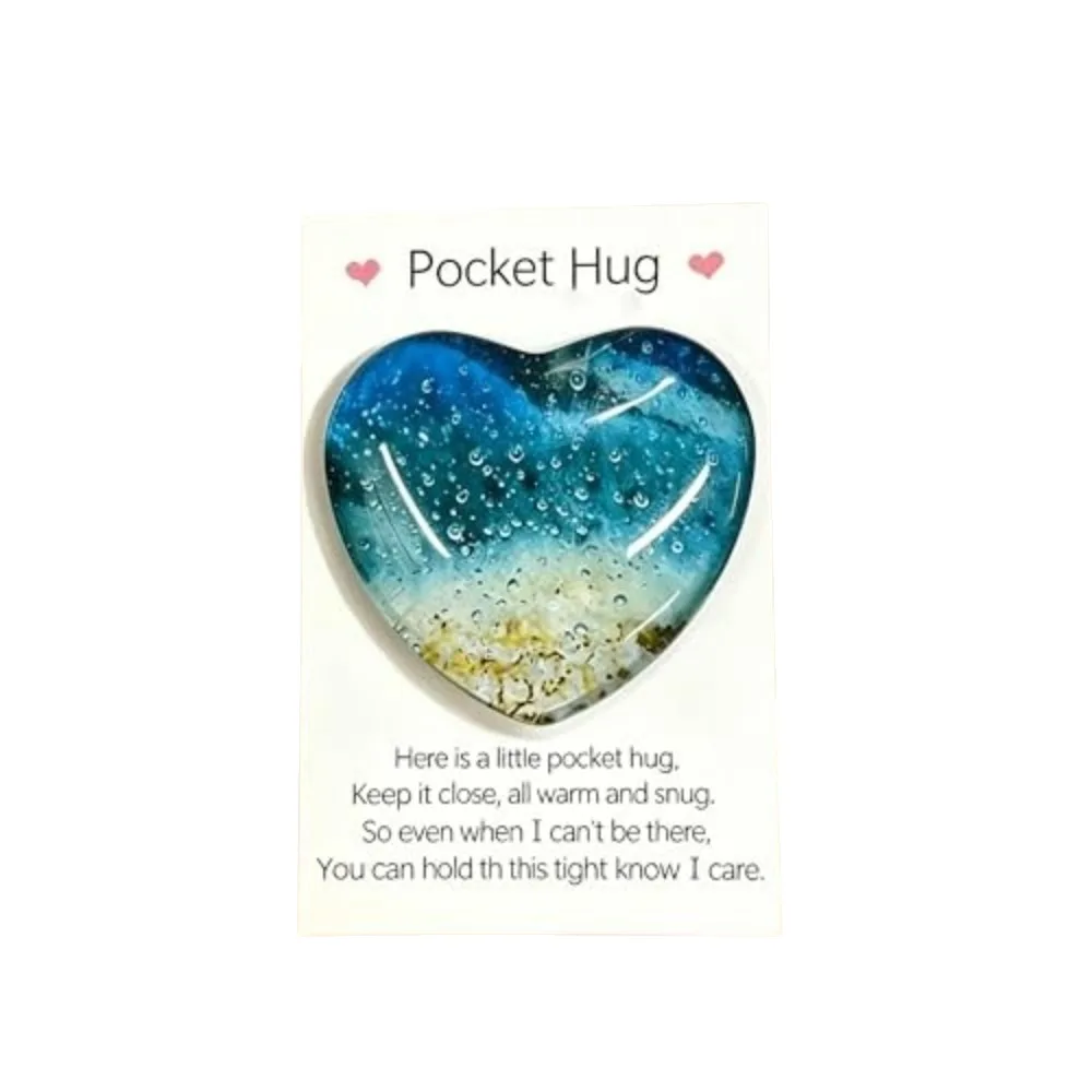 Glass Pocket Heart Stone Blue Palm-Sized Beach Stone Souvenir Ocean Fused Glass with Card Meditation Balancing Stone for Friends
