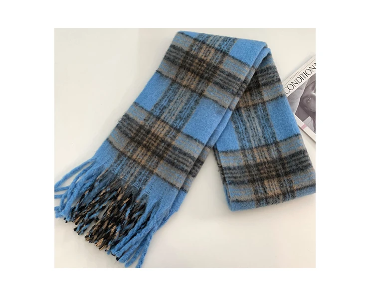 Blue Korean Plaid Tassel Scarf For Women Winter Fashion 2024 New Thickened Neck Scarf