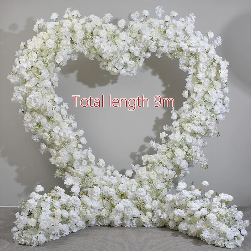 2.4m Love Heart-Shaped Arch Frame Flower Decor ivory Artificial Flower Row Nackdrop Arrangement Wedding Decoration Flower Runner