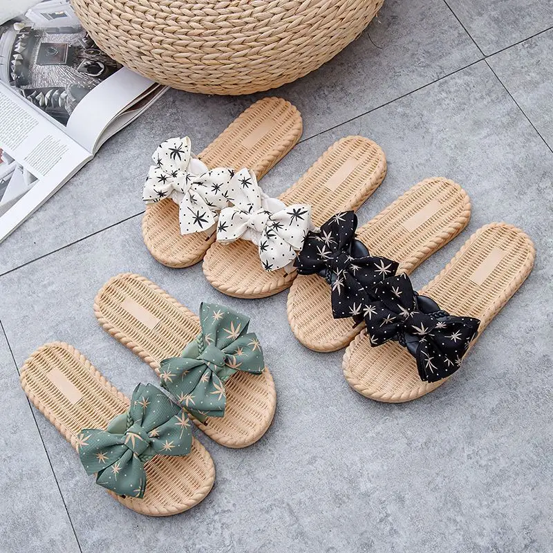 Women Slippers Summer New  Home Women Bow Linen Fashion Linen Flip Flop Bohemian Beach Home Thick Soled Wear Resistant Slippers