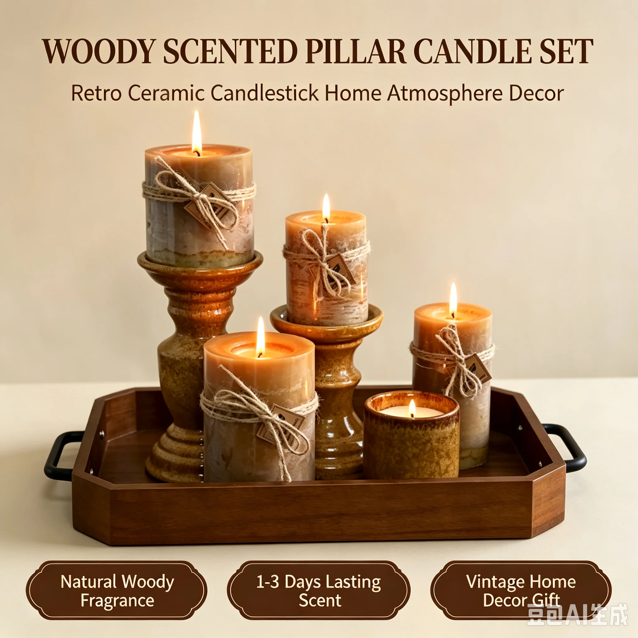 xmsj Vintage Ceramic Pillar Candle Holder Set Solid Woody Scented Candle 1-3 Days Long Lasting Aroma Home Tabletop Decor