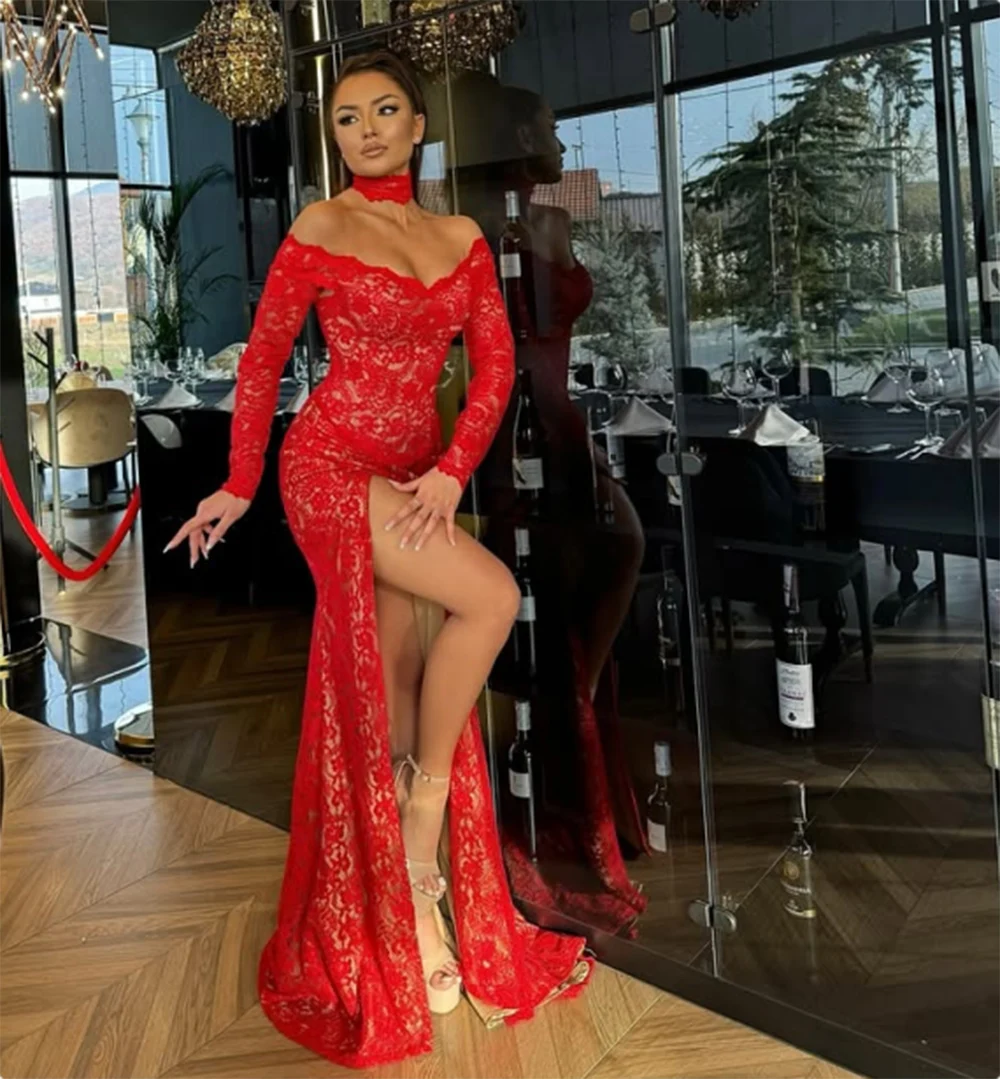 Red Lace V Neck Prom Dresses Long Sleeves Sexy High Split Evening Gowns African Women Formal Occasion Party Dress Robe De Soiree