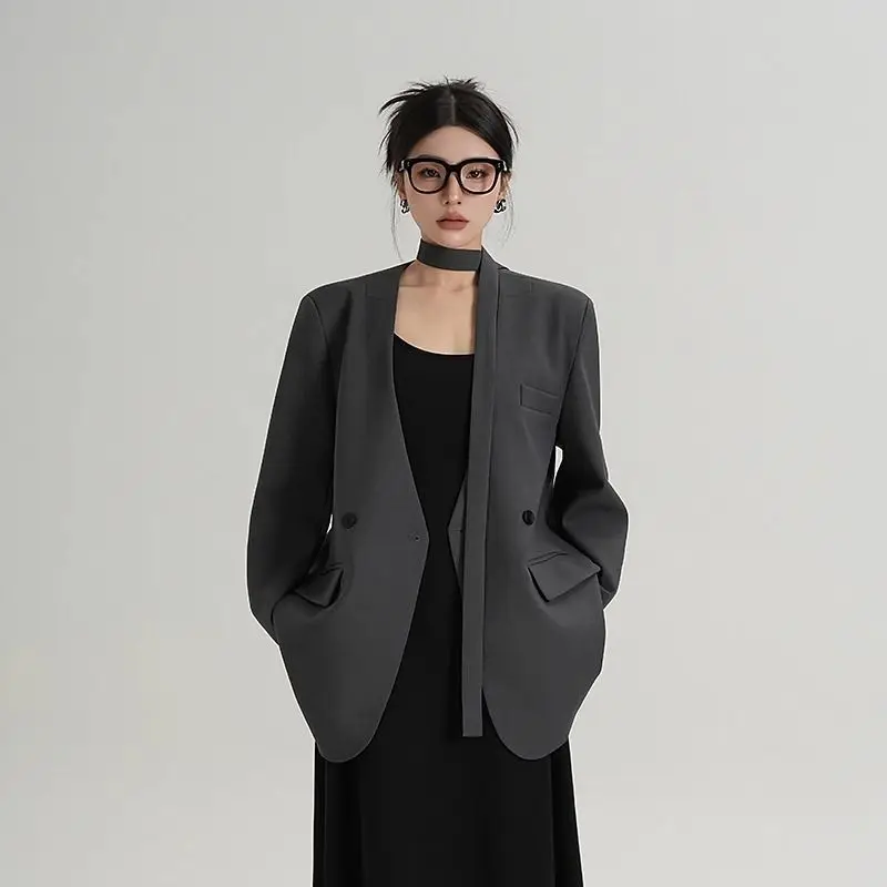 Petite Blazer Women 2025 - V Neck Loose Fit Spring Fall Jacket, Y2K Lazy Style Single Breasted Coat, Unique Design Small Size Su