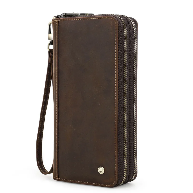 Fashionable British Style Top Layer Cowhide Crazy Horse Cowhide Men's Long Wallet Double Zipper Wrist Strap Carrying Men Wallets
