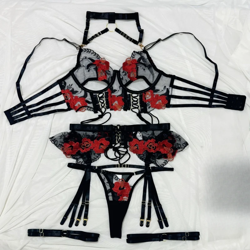 Bikini lingerie with intricate floral embroidery, halter neck, metal buckle straps, cross-cutout swimsuit four-piece set