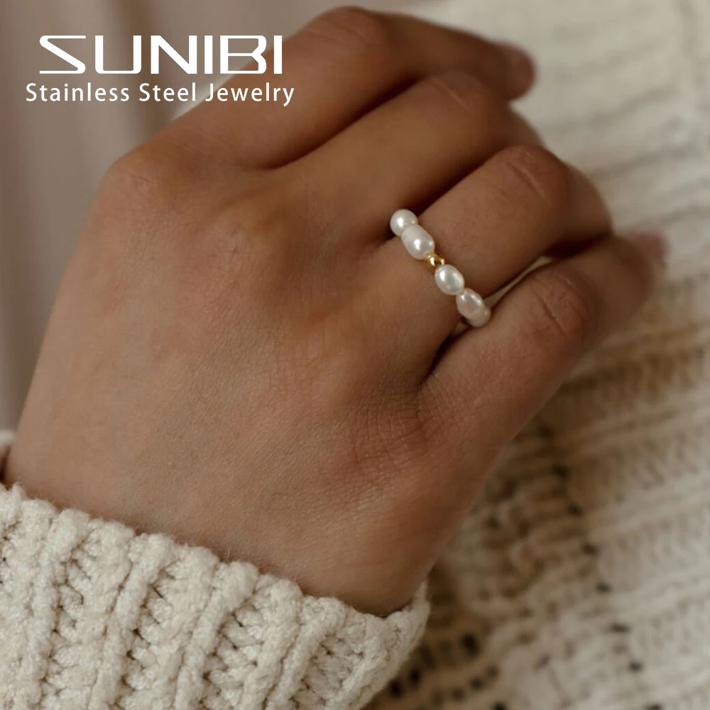 SUNIBI Pearl Ring for Woman Korean Style Trendy Stainless Steel Bride Wedding Engagement Statement Jewelry Accessories Wholesale